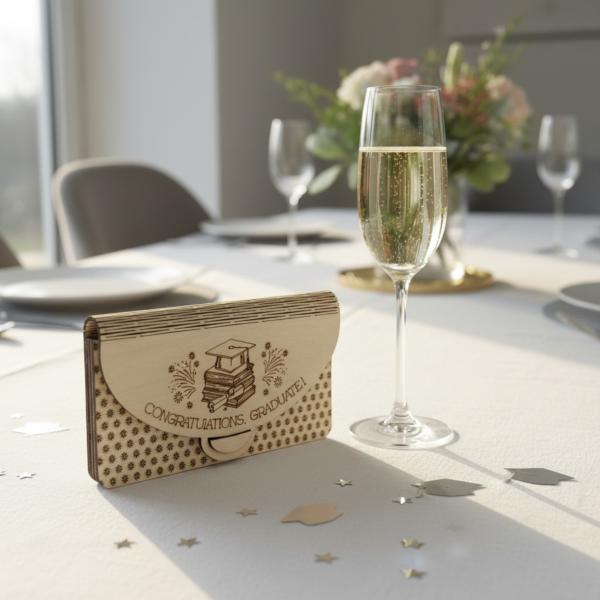 Holz‑Umschlag aus Sperrholz mit modernem Schriftzug ‚congratulations gratulate‘, ideal für Geldgeschenke und Gutscheine.